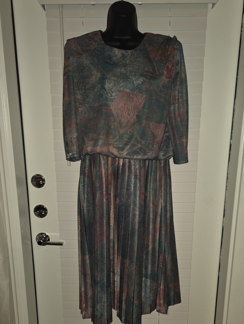 Vintage 80s M.C.S. Ltd New York Abstract Pleated Midi Dress Sz 16 (Fits M/L)